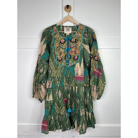 NEW Figue Josie Embroidered Short Bohemian Pom Pom Long Sleeve Green Mini Dress - Picture 3 of 10